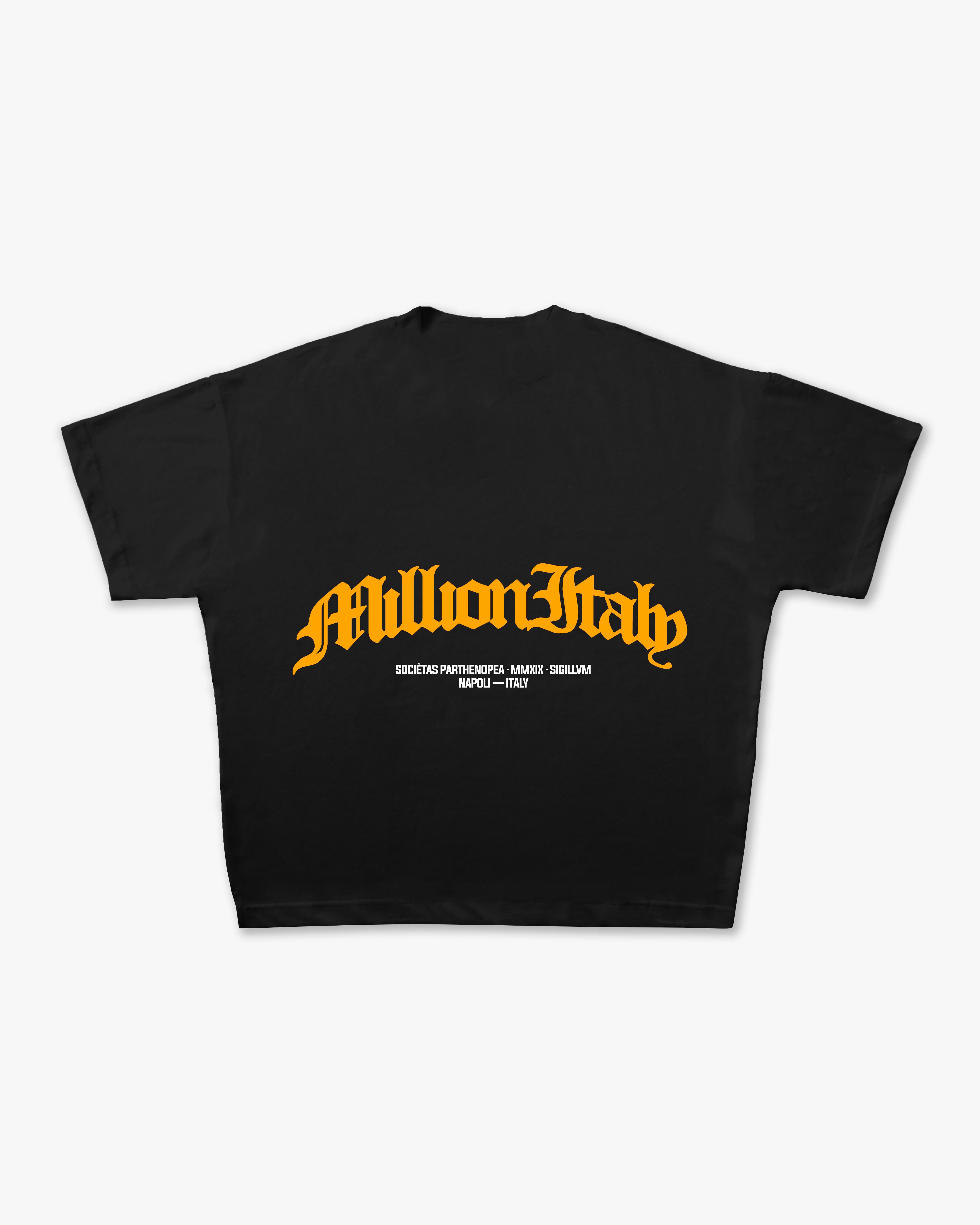 Schwarzes T-Shirt mit gelbem Arch-Logo