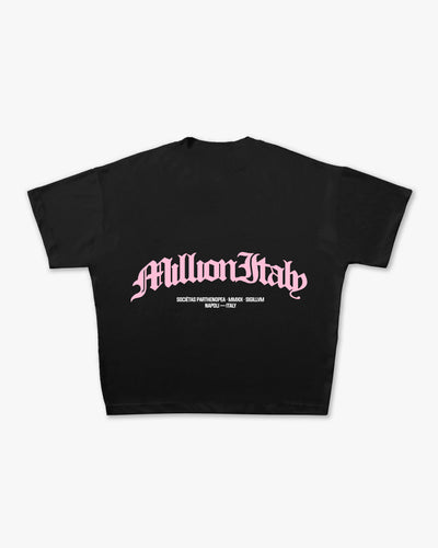 Schwarzes T-Shirt mit rosa Arch-Logo