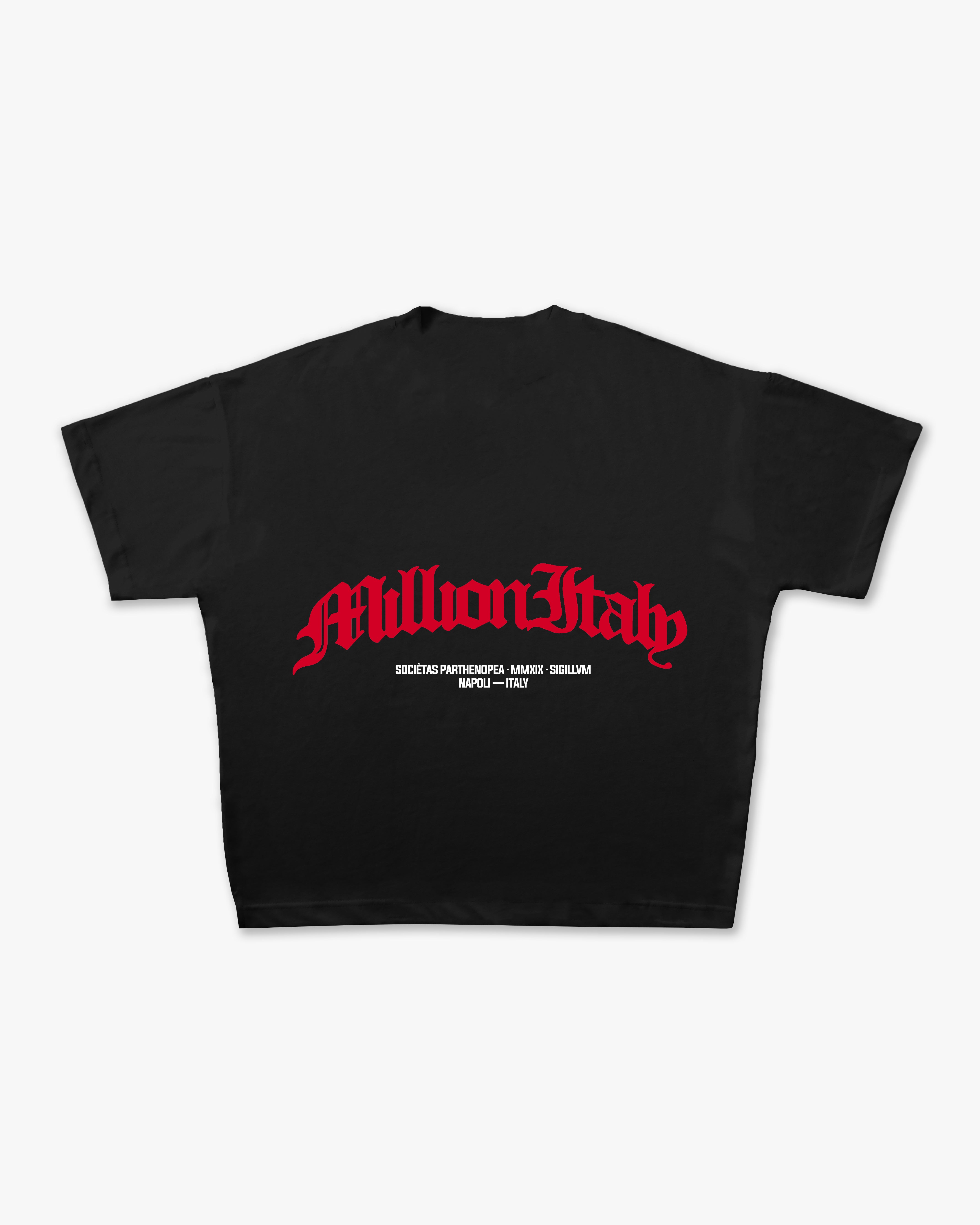 Schwarzes T-Shirt Rotes Arch-Logo